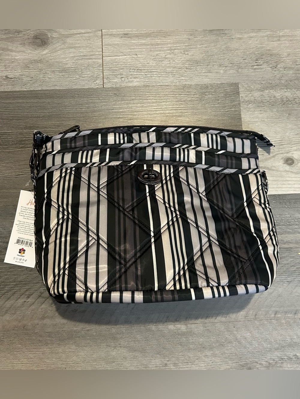 NWT Lug Adagio Black Gray Striped Crossbody Bag